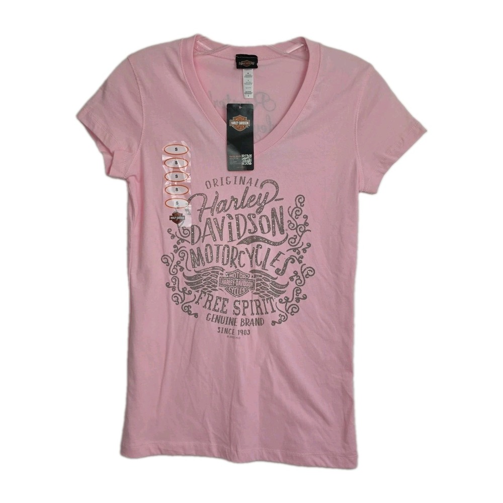 NWT Harley-Davidson T-Shirt Women's S Pink V-Neck Graphic Print Rhinestones